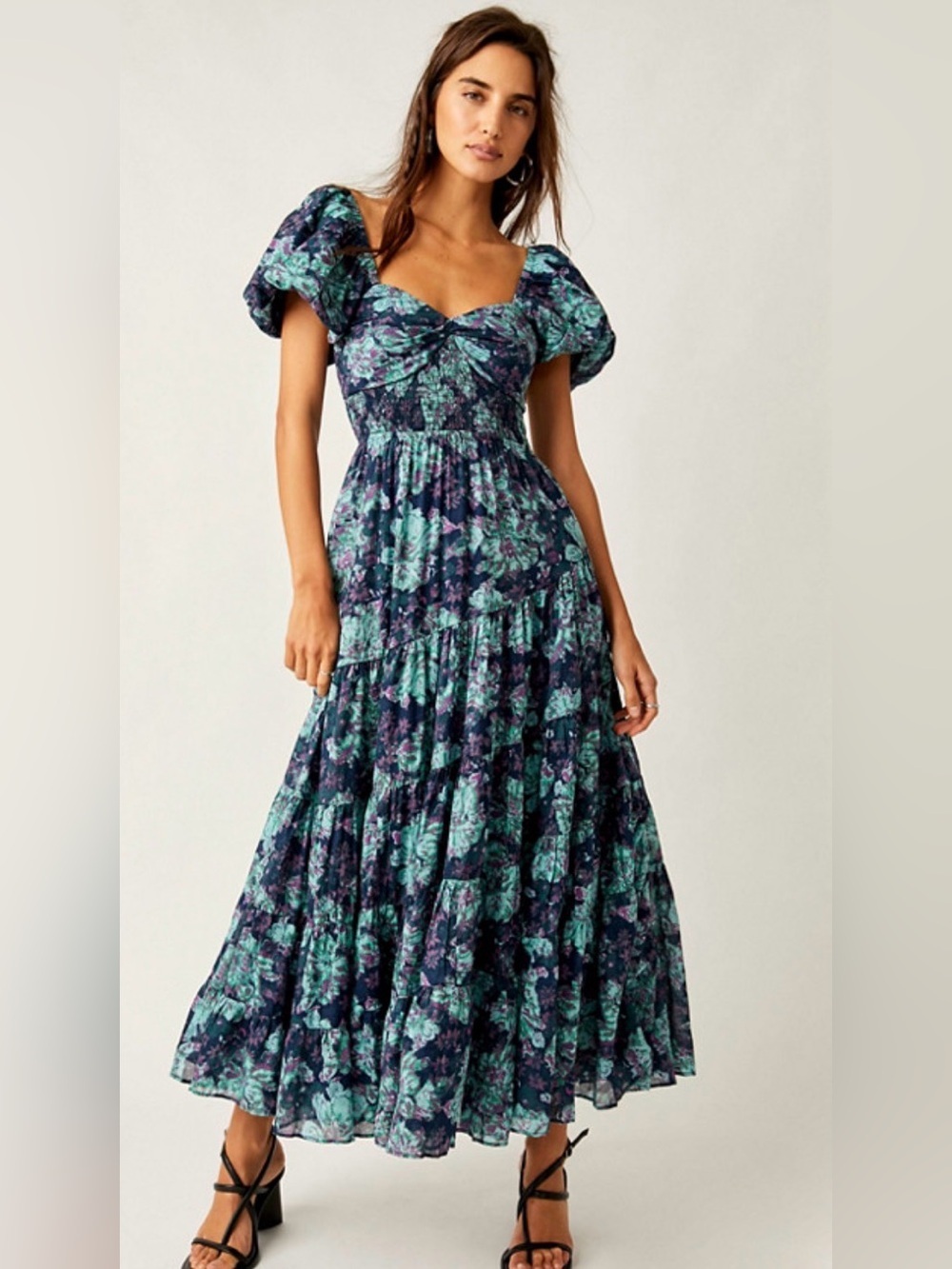 Free people sundrenched puff sleeve floral maxi dress size small
